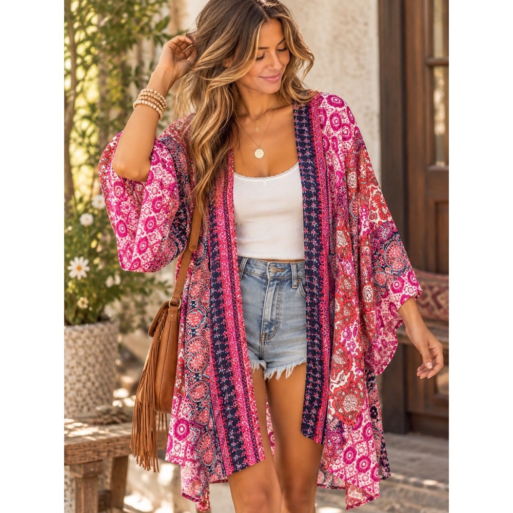 Angie Red Pink Paisley Floral Open Front Kimono Cardigan Rayon Small